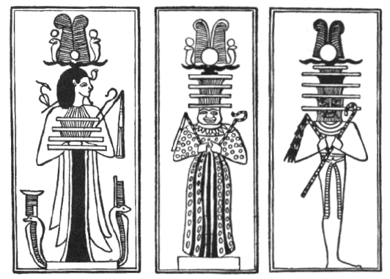Three illustrations of Osiris-Djed crowned with the two horns of the Ram