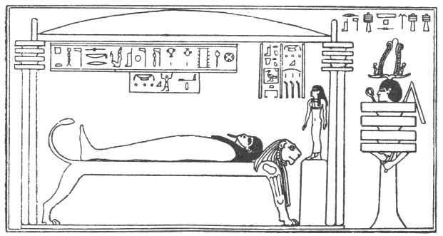 Isis at the head of a funeral brier instead of Horus.  Osiris-Djed in Djedu stands to the right. Djed pillars are on either side of the bier. 